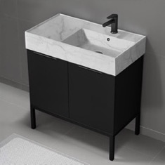 Modern Black Bathroom Vanity, 32 inch, Marble Style Sink, Free Standing